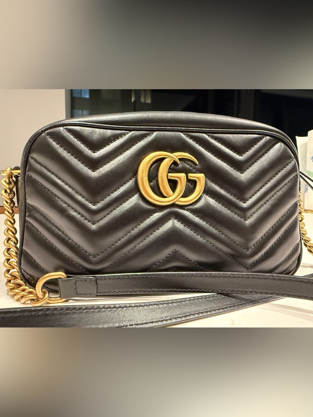 Gucci GG Marmont Small Camera Bag with Antique Brushed Gold Hardware